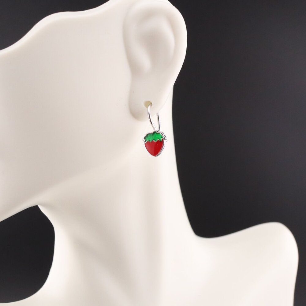 Women's Sterling Silver Strawberry Enamel Fashion Earrings w/ Leverback Closure*
